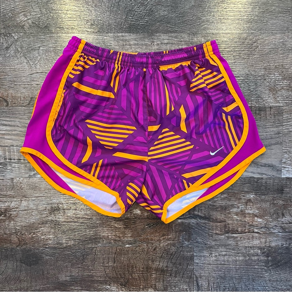 Nike DriFit Women’s Geometric Purple and Orange Lined Running Shorts  Size XS